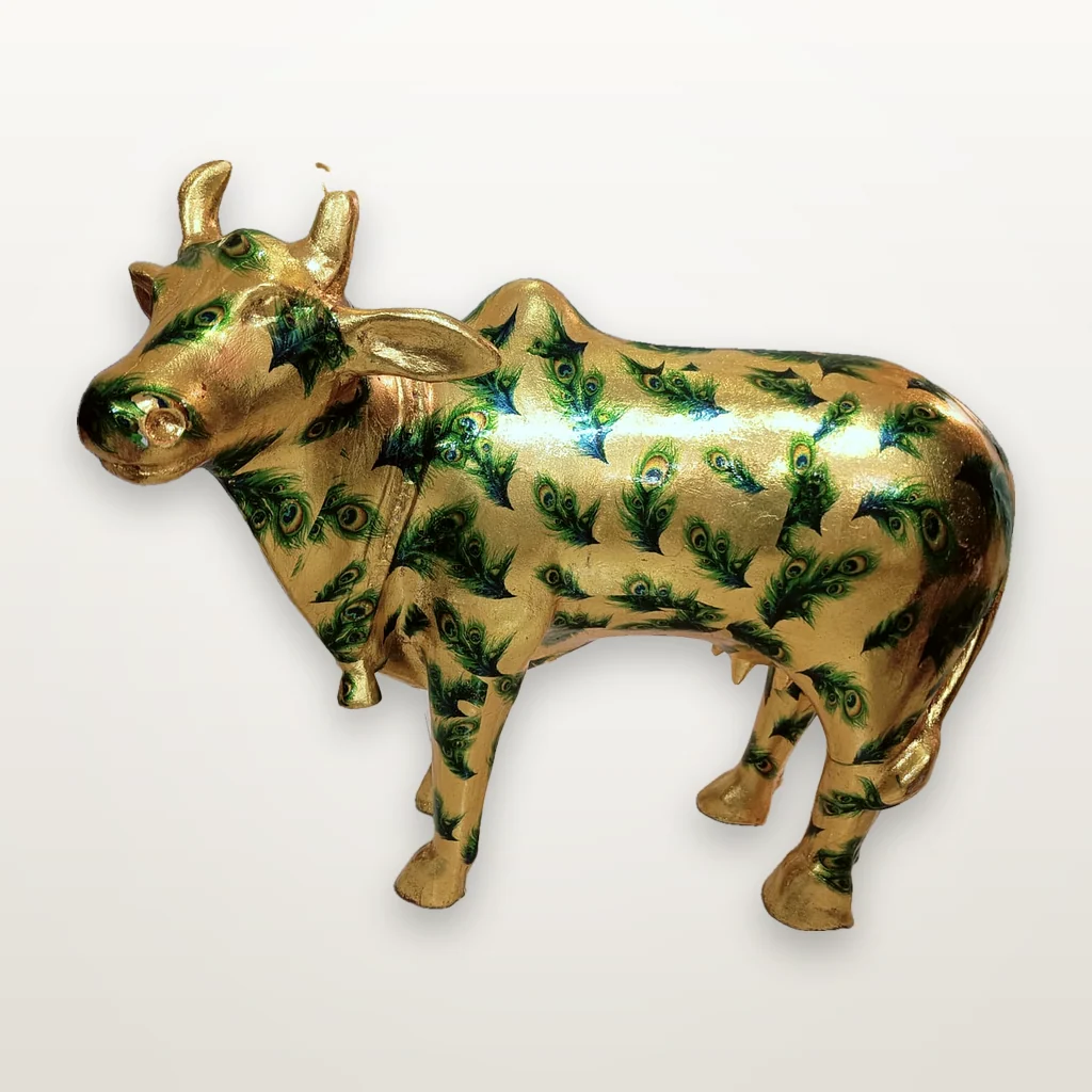 Gold & Green Painted Cow Statue