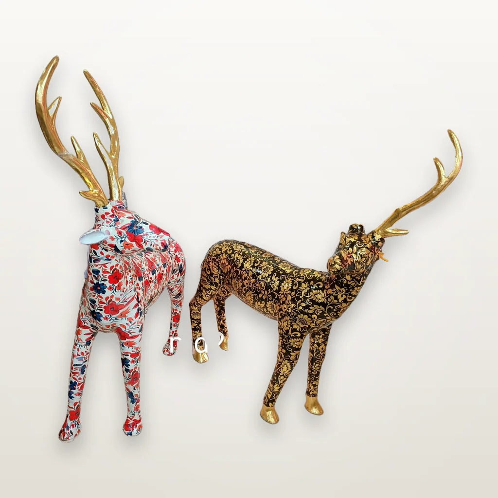 Antler Deer Statue Pair in Brass Finish